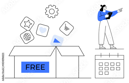 Open box labeled free with icons representing digital features, calendar marks deadlines, woman holds tablet. Ideal for marketing, e-commerce, planning, subscriptions, innovation, budgeting simple