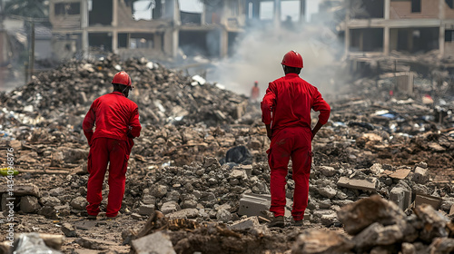 Rescue Workers Assess Damaged Urban Area