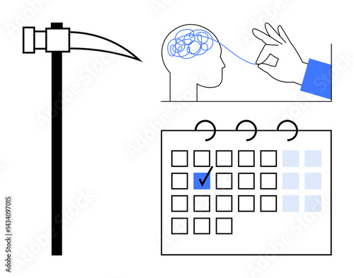 Pickaxe representing work, hand unraveling mental tangles from a brain, and marked calendar page signifying clarity, effort, and planning. Ideal for focus, productivity, scheduling, mental health