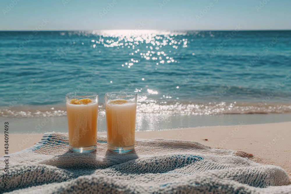 glasses of orange juice on a beach towel, under a bright sun with waves in the background. glasses of orange juice on a beach towel, under a bright sun with waves in the background.
