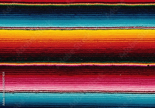 A vibrant, colorful serape blanket showcases a stunning array of horizontal stripes in a woven design.