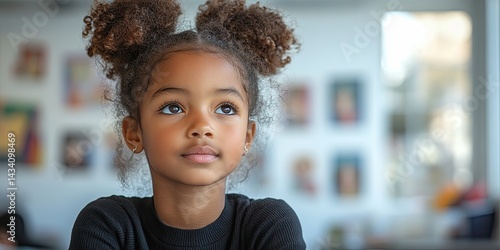 Smiling 10-year-old Black girl sitting at desk in a sunny classroom portrait of a confident student in school