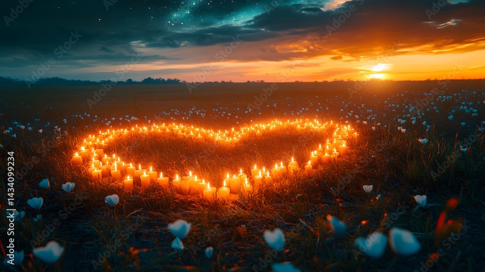 Enchanted Field Under Starry Sky Featuring a Heart-Shaped Candle Assembly That Evokes Bittersweet Grief and Gentle Sorrow