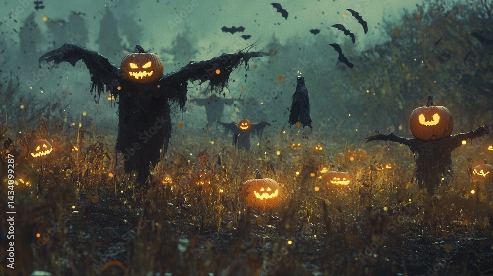 Fototapeta premium Spooky Halloween scene with scarecrows with pumpkin heads and bats flying in the night. Halloween concept.
