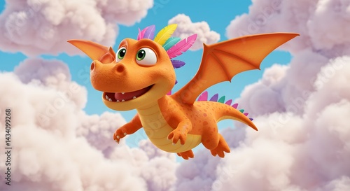 Orange Cartoon Dragon with Colorful Feathers Flying in Sky