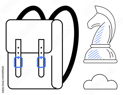 Backpack with straps and buckles, chess knight piece, and cloud. Ideal for education, travel, strategy, exploration, innovation learning initiatives and creative thinking. Flat simple metaphor