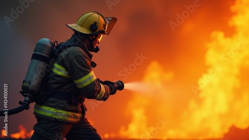 Firefighter in action, extinguishing flames, fire rescue, bravery