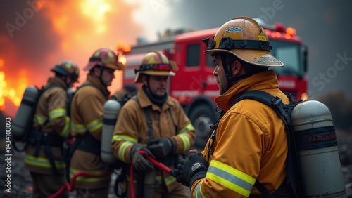 Firefighter team working together, firetruck, rescue operation