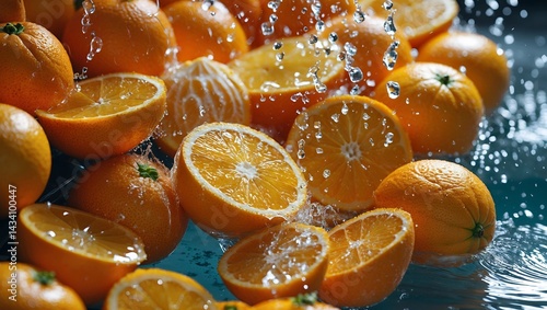 Vibrant oranges glimmering under refreshing water cascade