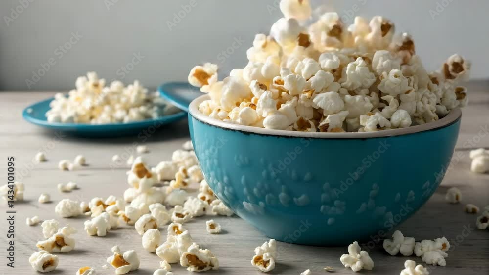A vibrant blue bowl overflows with freshly popped popcorn, some kernels flying out, set against a plain backdrop. A vibrant blue bowl overflows with freshly popped popcorn, some kernels flying out, set against a plain backdrop.