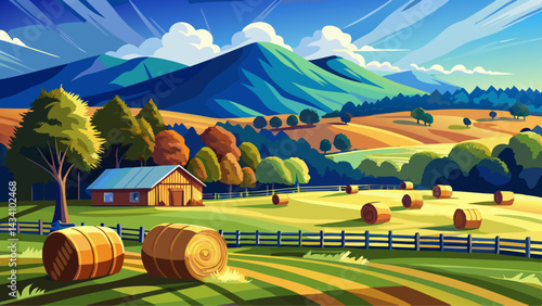 Hay bales in pasture on horse farm in shadow of the Blue Ridge Mountains in central Virginia near Charlottesville.