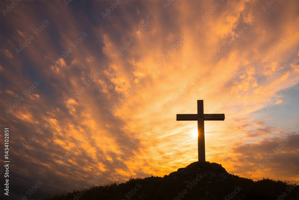 Majestic illuminated cross at sunrise or sunset with vibrant colorful sky, spiritual and peaceful scene, divine light, religious symbolism, serene backdrop, glowing cross, heavenly atmosphere, worship Majestic illuminated cross at sunrise or sunset with vibrant colorful sky, spiritual and peaceful scene, divine light, religious symbolism, serene backdrop, glowing cross, heavenly atmosphere, worship