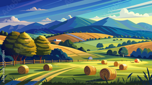 Hay bales in pasture on horse farm in shadow of the Blue Ridge Mountains in central Virginia near Charlottesville.