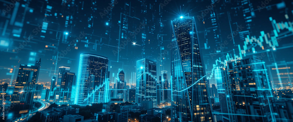 Futuristic Glass Skyscrapers Digital Stock Charts Overlay City Background Finance Trading Concept Futuristic Glass Skyscrapers Digital Stock Charts Overlay City Background Finance Trading Concept