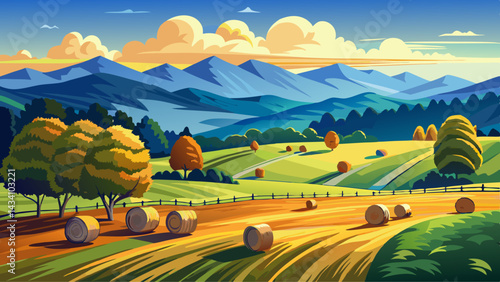 Hay bales in pasture on horse farm in shadow of the Blue Ridge Mountains in central Virginia near Charlottesville.