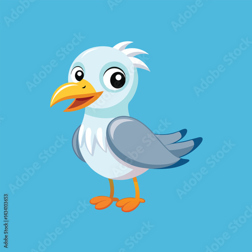 Cartoon seagull with gray wings and a friendly pose Vector illustration isolated on blue background