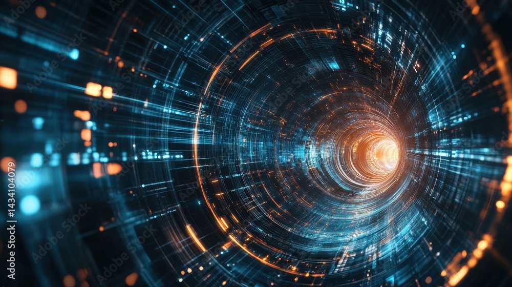 Abstract technology tunnel with glowing blue and orange lights. Concept of data transfer, digital communication, and future technology. Abstract technology tunnel with glowing blue and orange lights. Concept of data transfer, digital communication, and future technology.