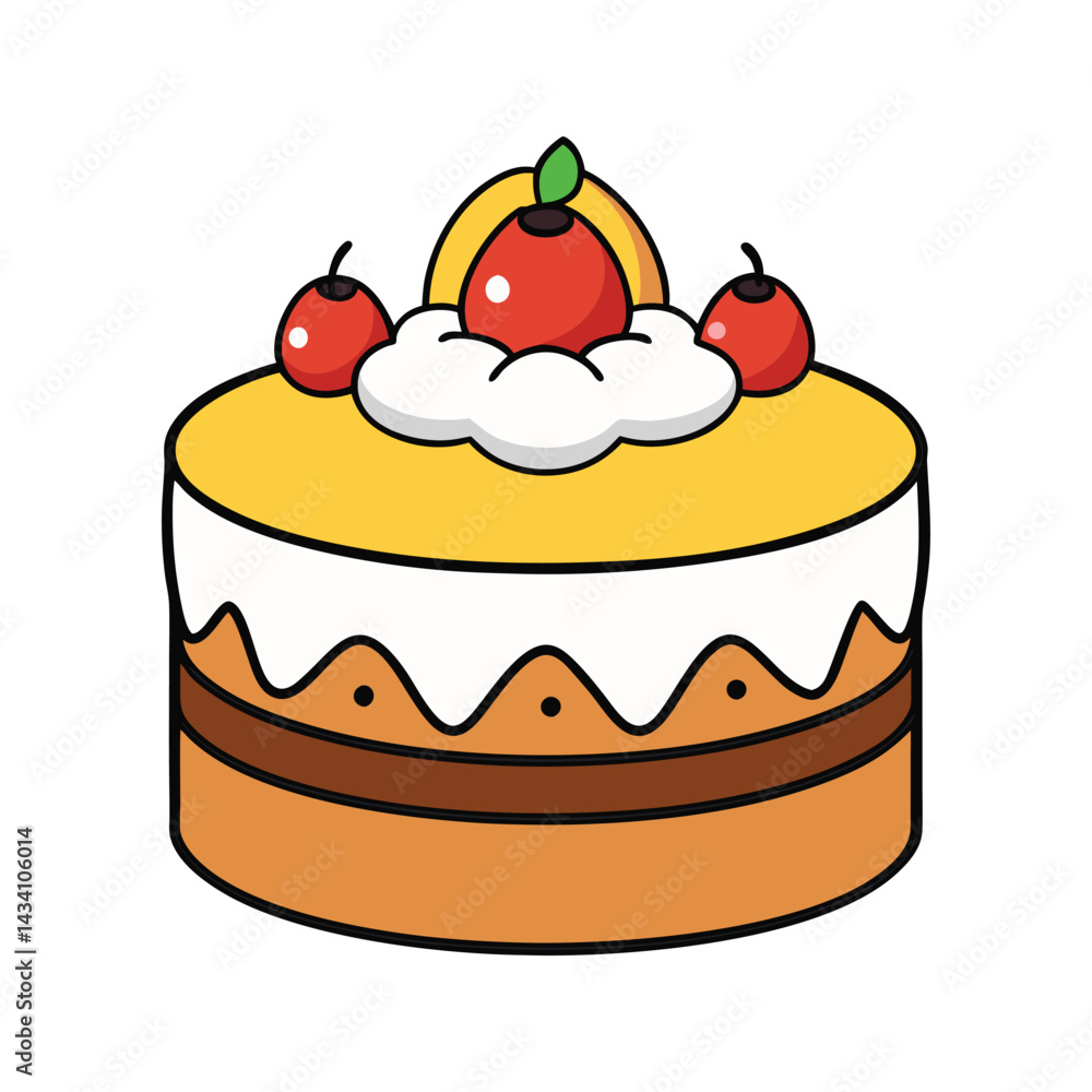Cheerful layered cake with colorful stripes and fruit topping vector illustration isolated on white background Cheerful layered cake with colorful stripes and fruit topping vector illustration isolated on white background
