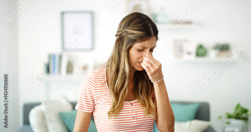Εκτύπωση καμβά Bad smell, face and woman with nose pinch in living room for disgust, reaction and gas disapproval