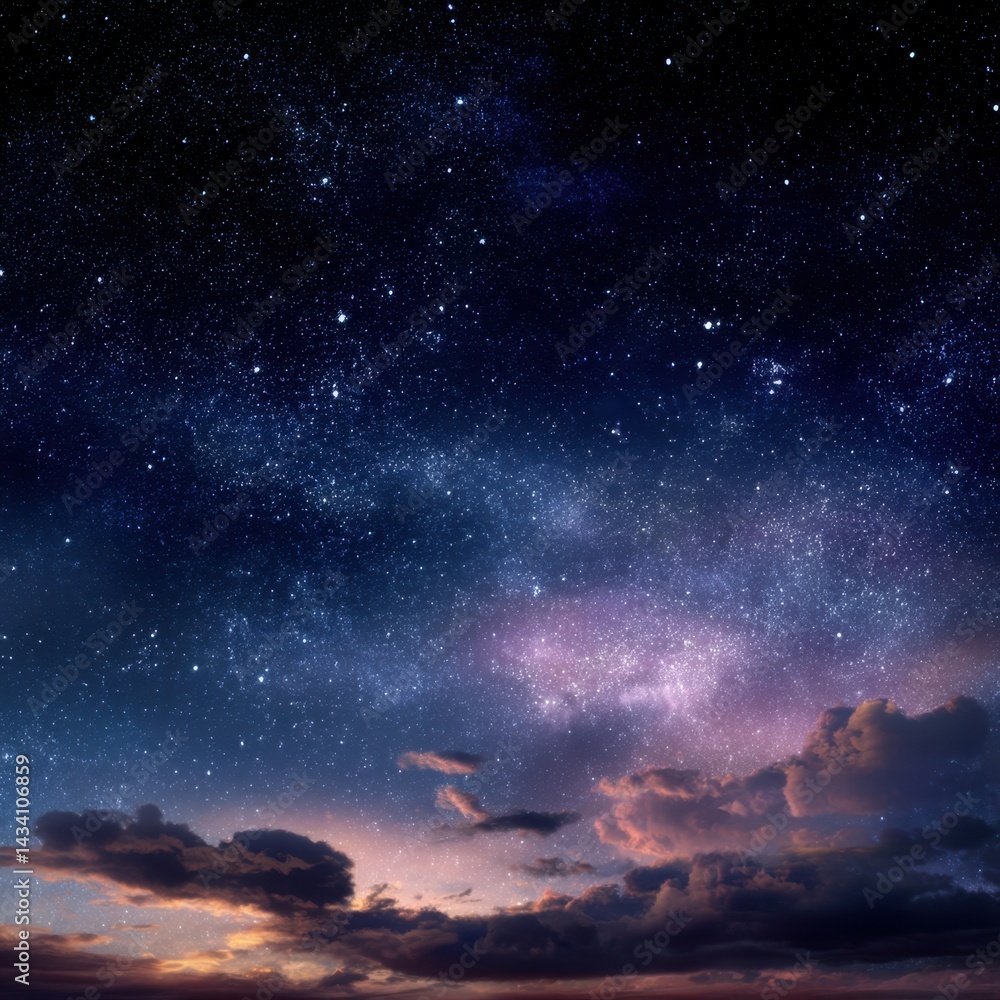 Fototapeta premium Captivating celestial vista featuring a vibrant milky way galaxy adorned with countless stars above dramatic clouds at twilight hour