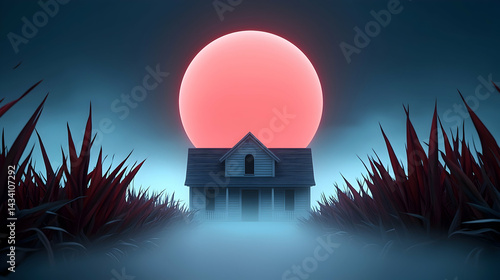 Haunted Mansion in Foggy Cornfield under Red Moon at Night