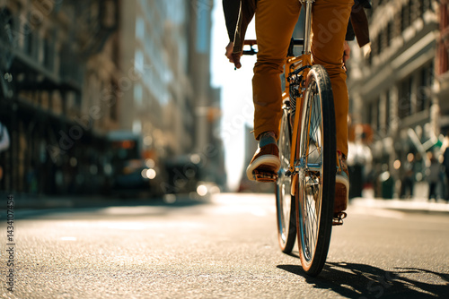 Fototapeta Naklejka Na Ścianę i Meble -  Rear view of person riding bicycle on city street, sunlit asphalt, blurred background showing urban architecture