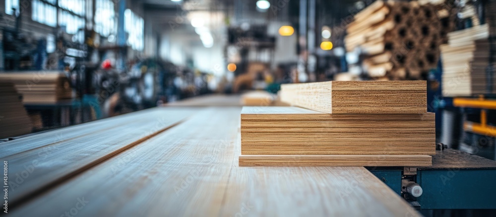 Obraz premium Wood planks in factory, background blurred. Industrial production, furniture manufacturing