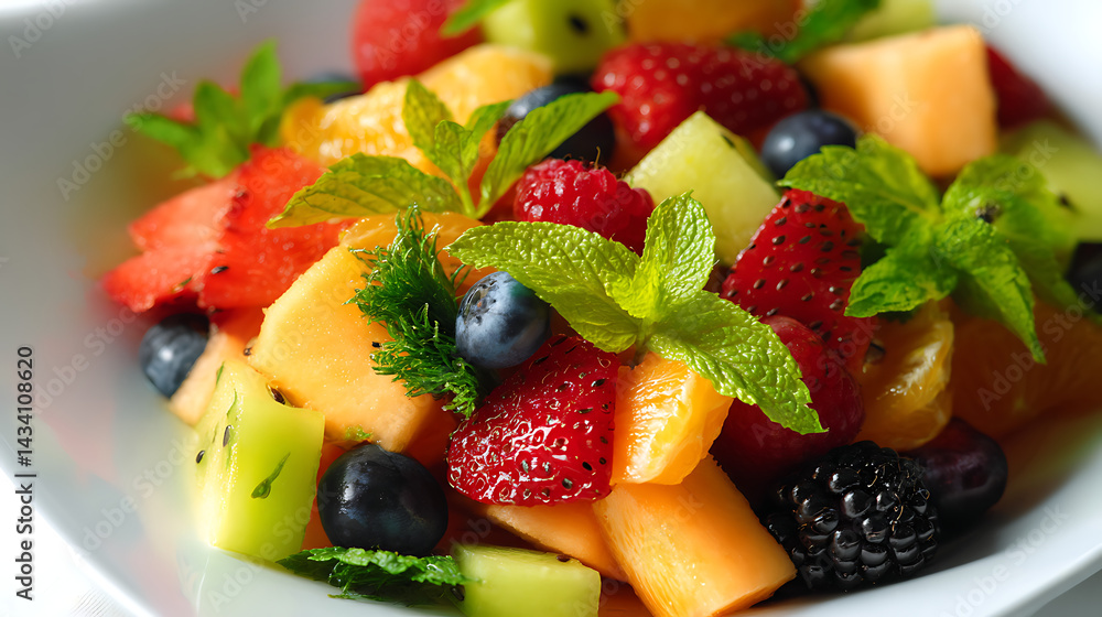 A bowl of fruit salad with strawberries, blueberries, and oranges A bowl of fruit salad with strawberries, blueberries, and oranges