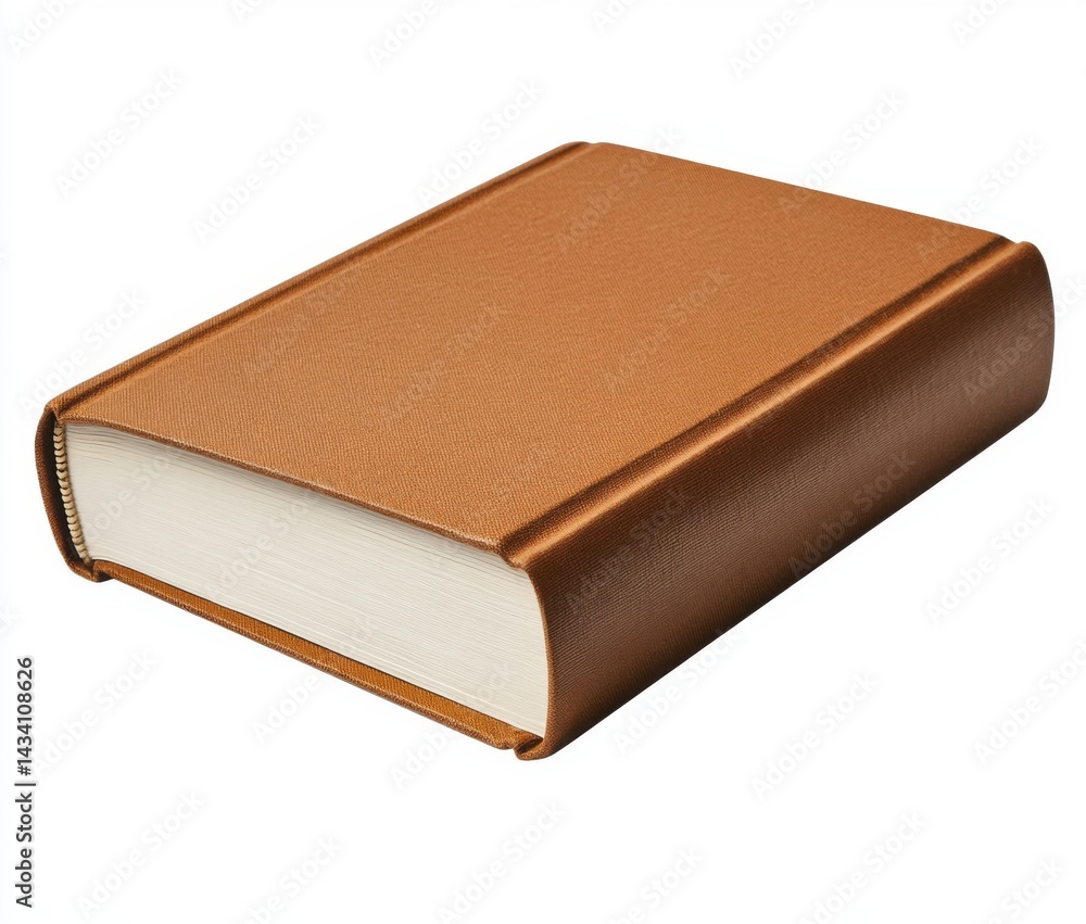 A brown leather-bound book with white pages, lying on a white background A brown leather-bound book with white pages, lying on a white background