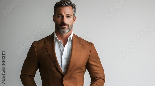 Strong muscular man in a tailored suit exuding confidence and style in a professional full body shot