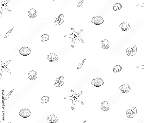 Seashells and starfish Seamless pattern. Vector graphic line ink design for fabric printing. Banner, poster, wrapping paper, sticker, print, modern textile design. web, package, sticker.