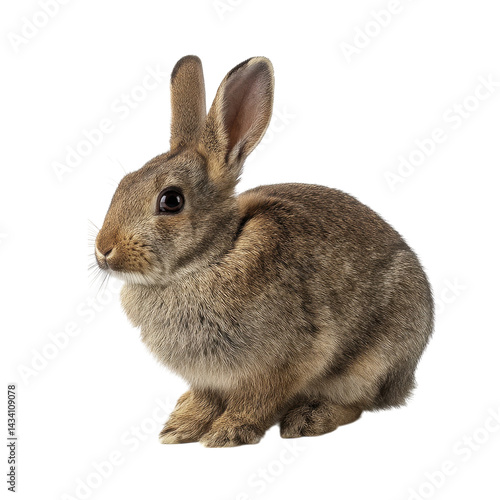 A small, furry rabbit with large ears and bright eyes, sitting in a compact position, showcasing its soft fur and attentive demeanor.