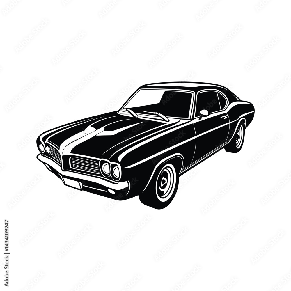 Obraz premium Classic American muscle car side front view silhouette isolated on white background
