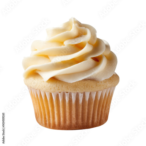 A delicious cupcake topped with creamy frosting, showcasing a golden base and elegantly swirled icing.
