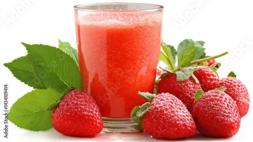 Wallpaper Mural Refreshing strawberry juice in glass with fresh strawberries and green leaves on white background a bright and vibrant image for healthy lifestyle and summer drink Torontodigital.ca
