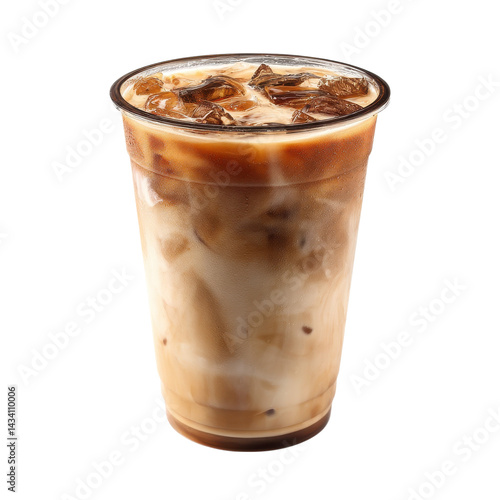 A refreshing iced coffee drink served in a clear cup, showcasing layers of creamy milk and dark coffee.