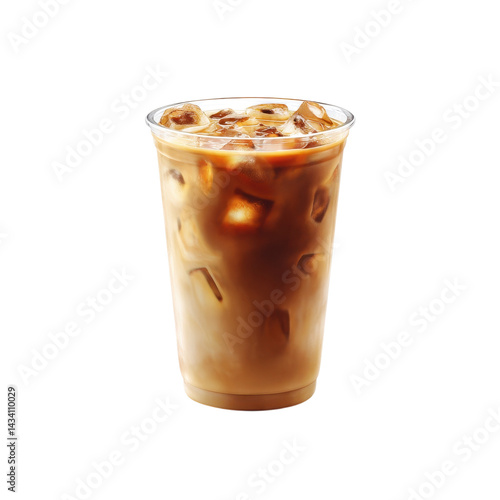 A refreshing iced coffee beverage in a clear cup filled with ice cubes and a creamy coffee blend.