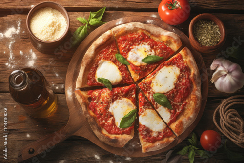 Pizza with tomato sauce and mozzarella, fresh out of the oven, with a golden crust and bubbling cheese, on a rustic wooden table.
