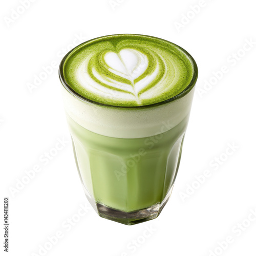 A vibrant green beverage topped with intricate latte art, served in a clear glass.
