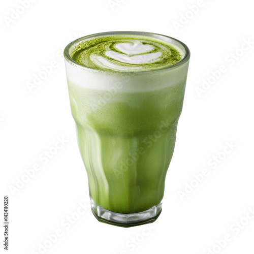 A vibrant glass filled with green matcha latte, featuring a heart-shaped latte art design on top.