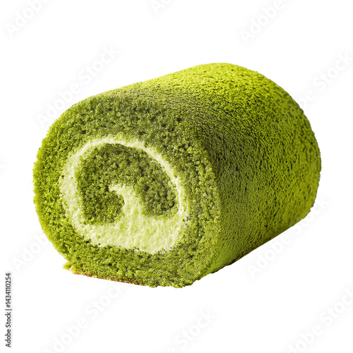 A vibrant green matcha roll cake with a creamy filling, characterized by its fluffy texture and spiral design.