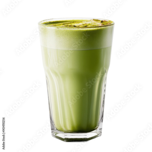 A refreshing green beverage served in a clear glass, topped with a frothy layer, showcasing its vibrant color and creamy texture.