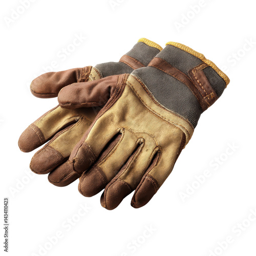 Worn work gloves with contrasting materials and stitching, showcasing durability and utility for various tasks.