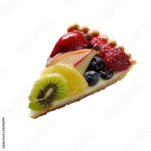 A colorful fruit tart slice topped with kiwi, berries, and apples, showcasing a delicious creamy filling in a crisp crust.