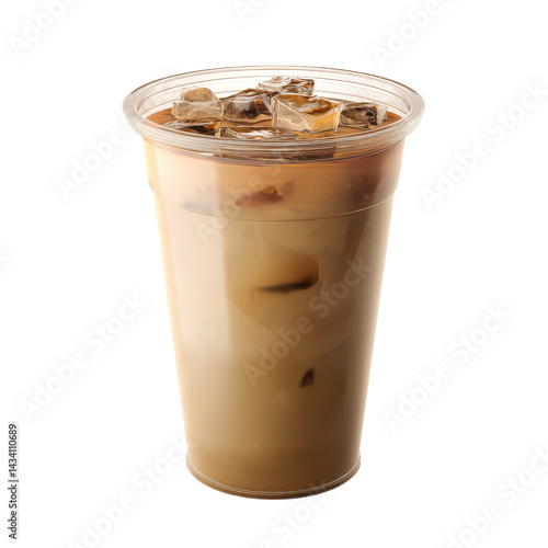 A clear cup filled with iced coffee and ice cubes, showcasing a creamy, rich brown color.