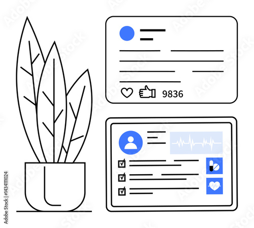 Potted plant next to user profile card with interaction stats and tablet showing health metrics and tasks. Ideal for social media, analytics, wellness, productivity, healthcare, personal branding