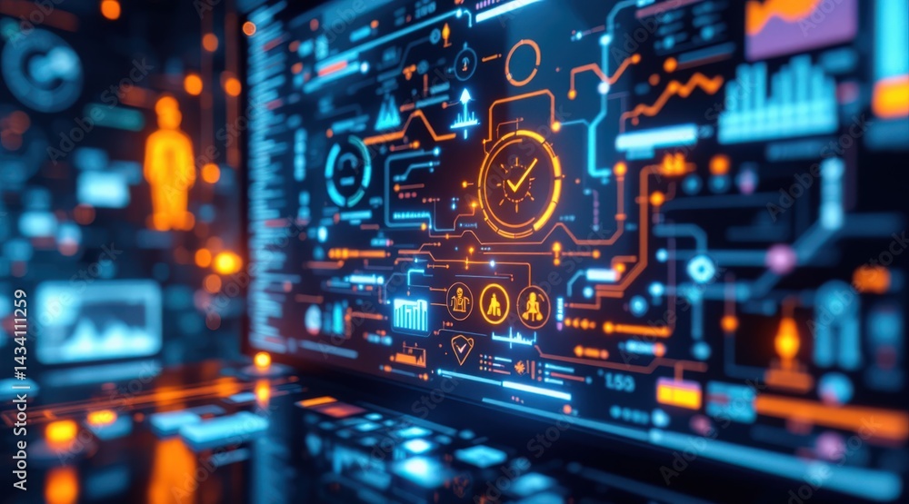 Fototapeta premium A vibrant digital interface showcasing graphs, clocks, and figures, illustrating data analytics and technology in a futuristic setting.