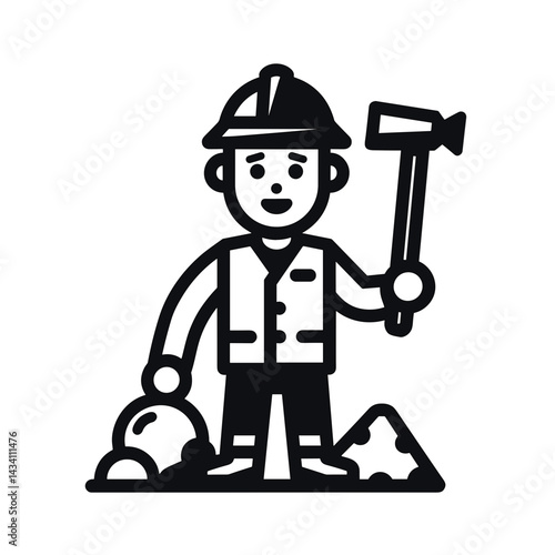 Cartoon miner in helmet with pickaxe standing on rocks - concept of mining industry geology excavation resources