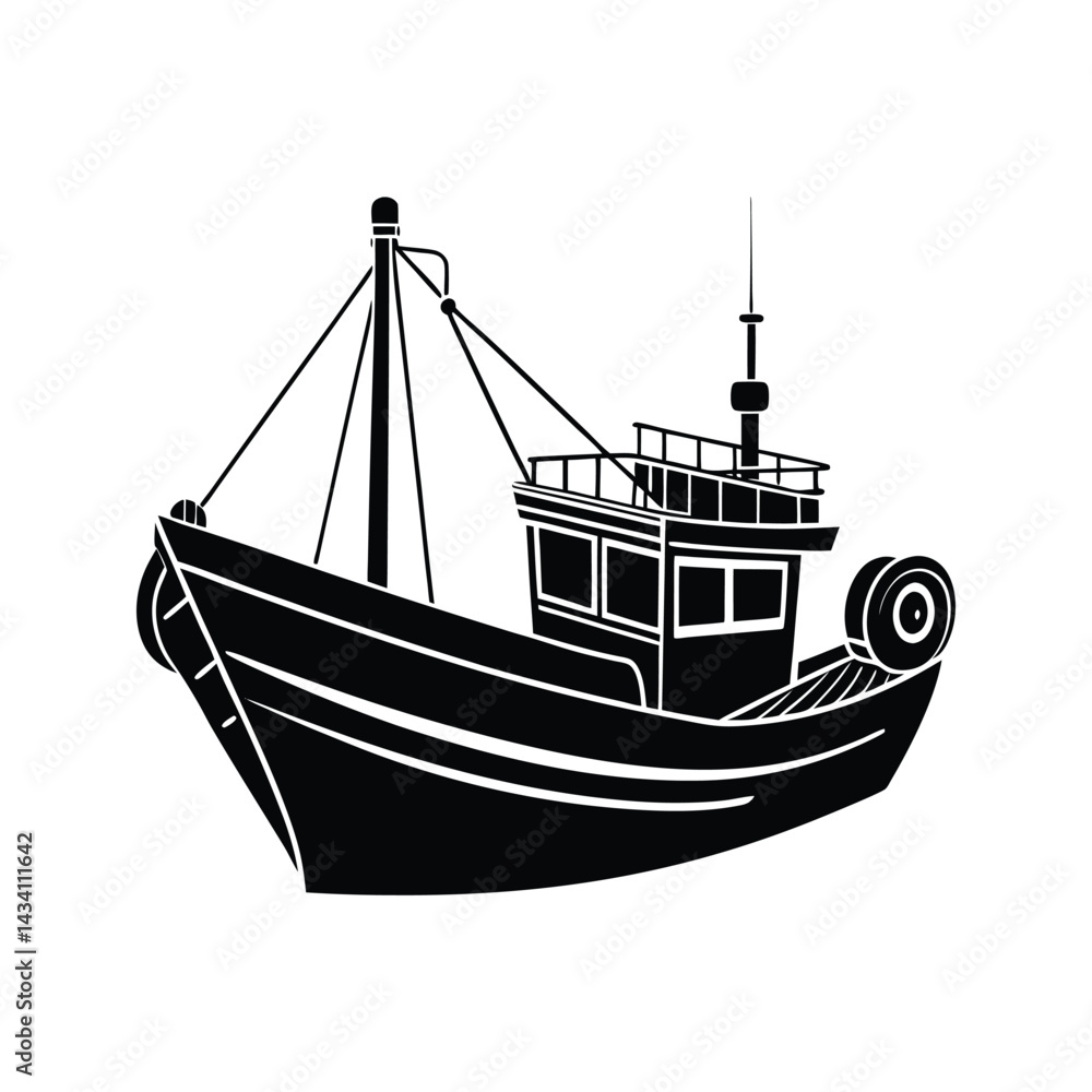 Classic wooden fishing ship silhouette isolated on white background Classic wooden fishing ship silhouette isolated on white background