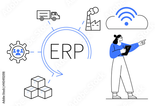 Centralized ERP system connecting logistics, production, and cloud data, represented with icons and a woman holding a tablet. Ideal for business management, supply chain, technology, process